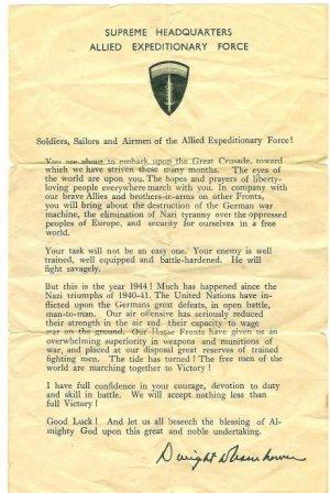 [photograph: General Eisenhower 'Ike' D-Day message handed out to D-Day troops. Courtesy: Gary Ames.